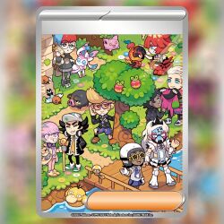  4girls 5boys apple applin atticus_(pokemon) bird black_hair black_jacket black_pants black_socks blonde_hair blue_eyes blue_hair blush blush_stickers boots bridge bright_pupils brown_shoes bush cane card_(medium) carmen_(pokemon) cellphone character_name charcadet chibi clavell_(pokemon) clenched_hand clive_(pokemon) closed_eyes closed_mouth clothing_cutout colored_eyelashes commentary company_name copyright_notice dark-skinned_female dark-skinned_male dark_skin detached_sleeves english_commentary eri_(pokemon) eyelashes facepaint facial_hair fletchling floating food freckles from_side fruit giacomo_(pokemon) glasses gloves grass green_eyes grey_boots grey_eyes grey_hoodie grey_pantyhose grey_shirt hand_on_another's_head hand_up hands_on_own_head hat headphones headphones_around_neck helmet hip_vent holding holding_cane holding_phone holding_unworn_clothes hood hood_down hoodie hoppip in_tree jacket kayama_taiga lechonk long_hair long_sleeves mela_(pokemon) multicolored_hair multiple_boys multiple_girls no_mask official_alternate_costume official_art open_clothes open_jacket open_mouth orange-tinted_eyewear ortega_(pokemon) outdoors pants pantyhose penny_(pokemon) phone pink_eyes pink_hair pink_jacket pink_pants pink_shoes poke_ball_symbol poke_ball_theme pokemon pokemon_(creature) pokemon_card pokemon_sv pokemon_tcg print_pantyhose psyduck purple_gloves purple_shorts purple_skirt purple_socks red_boots red_eyes red_hair rotom rotom_phone round_eyewear school_uniform shirt shoes short_hair short_sleeves shorts skirt smartphone smile socks squatting standing star-shaped_eyewear star_(symbol) sunglasses sylveon tadbulb team_star team_star_grunt team_star_uniform teeth textless_version third-party_source tinted_eyewear trading_card tree two-tone_hair uva_academy_school_uniform very_short_hair water white_eyes white_gloves white_hair white_hat white_helmet white_pupils white_shirt white_skirt wooden_bridge yellow-framed_eyewear yellow_eyes youssef_(pokemon) 