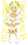  absurdres blonde_hair boots bow brooch character_name choker color_connection cosplay cure_peace cure_sunshine cure_sunshine_(cosplay) heart heartcatch_precure! highres jewelry kise_yayoi long_hair magical_girl midriff navel precure puffy_sleeves ribbon smile smile_precure! solo teikiatsu twintails typo white_background wrist_cuffs yellow_eyes 