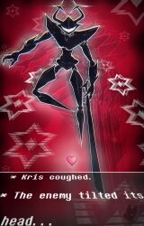  antlers aura background black_body chromatic_aberration deltarune dialogue_box digital_media ecfoxy heart knight mirage mouth no_eyes red_background roaring_knight shaded shadow silhouette soul_(deltarune) star stars sword text_box watermark white_outline 