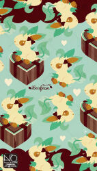  animal_focus bow brown_bow brown_fur brown_sclera candy character_name chocolate closed_mouth colored_sclera ear_bow food green_fur happy_valentine heart heart-shaped_chocolate heart-shaped_food highres leafeon meme_(sleepsheep) no_humans pokemon pokemon_(creature) pokemon_focus star_(symbol) star_in_eye symbol_in_eye valentine yellow_fur 