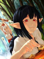  2girls absurdres animal_ears arms_up black_hair blurry board_game breasts chessboard closed_mouth commentary_request depth_of_field double-parted_bangs dsru dutch_angle glint hat highres holding holding_shogi_piece holding_sword holding_weapon inubashiri_momiji large_breasts medium_hair multiple_girls outdoors pointy_ears pom_pom_(clothes) raised_inner_eyebrows red_eyes red_hat red_skirt shameimaru_aya shirt shogi short_sleeves skirt sleeveless sleeveless_shirt smile solo_focus sword tokin_hat touhou tree weapon white_hair white_shirt wolf_ears wolf_girl 