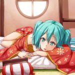  aqua_eyes aqua_hair down_blouse dress floral_print futon hatsune_miku japanese_clothes kimono looking_at_viewer lying miu_(angelo_whitechoc) no_bra off_shoulder on_stomach open_mouth red_dress round_window solo tatami twintails vocaloid window 