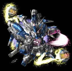  beam_rifle char's_counterattack char's_counterattack_-_beltorchika's_children close-quarters_combat commentary electricity energy_gun energy_sword exhaust fin_funnels firing glowing glowing_eyes gun gundam hi-nu_gundam highres holding holding_gun holding_sword holding_weapon light_particles looking_at_viewer mecha mobile_suit no_humans pink_eyes robot sd_gundam signature solo sword v-fin weapon yatta070622 