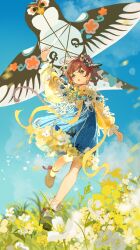  1girl :o absurdres alternate_costume arm_up bird_hair_ornament black_shoes blue_dress blue_eyes blue_sky bracelet brown_hair chinese_commentary clouds cloudy_sky commentary_request dress dress_flower flower flutterpage full_body grass hair_ornament highres holding_kite jewelry kite long_sleeves looking_up mary_janes open_mouth ponytail puffy_long_sleeves puffy_sleeves reverse:1999 running shirt shoes short_dress sijiu_49 sky socks solo tent_dress too_many_flowers white_flower white_socks yellow_flower yellow_shirt yunjian 