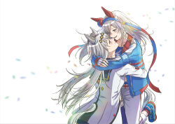  2girls ahoge animal_ears belt blue_eyes blue_hairband blue_jacket blue_skirt blue_sports_bra blush commentary_request ear_covers ear_ornament fang fingerless_gloves gloves grey_hair grey_tail hair_between_eyes hair_ornament hairband headband highres horse_ears horse_girl horse_tail hug jacket lightning_bolt_print lightning_bolt_symbol long_hair long_sleeves looking_at_another multicolored_hair multicolored_hairband multiple_girls oguri_cap_(starlight_beat)_(umamusume) oguri_cap_(umamusume) open_mouth pants pleated_skirt red_belt red_headband sailor_collar sashiumito shirt shoes skirt smile sports_bra striped_clothes striped_hairband tail tamamo_cross_(fast_as_lightning)_(umamusume) tamamo_cross_(umamusume) two-tone_hairband umamusume very_long_hair white_gloves white_jacket white_pants white_shirt yuri 