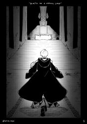 2boys black_border boots border carpet carrying commentary english_commentary english_text facing_away from_behind full_body greyscale hakama highres holostars holostars_english hood hood_down hooded_coat indoors japanese_clothes kishido_temma kishido_temma_(3rd_costume) long_sleeves monochrome multiple_boys official_alternate_costume princess_carry regis_altare short_hair shua stairs throne throne_room twitter_username walking wide_sleeves 