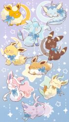  animal_focus blue_background blue_bow blush bow closed_eyes crescent eevee english_commentary espeon flareon glaceon highres leafeon lying no_humans open_mouth pokemon pokemon_(creature) pokemon_focus sitting sleeping standing star_(symbol) sun sylveon temariame14 twitter_username umbreon vaporeon 