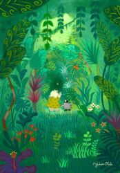  animal animal_focus artist_name bear bird flower grass highres jungle leaf nature no_humans original outdoors penguin plant pointing polar_bear red_flower vines yukako_ohde 