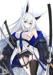  1girl absurdres animal_ear_fluff animal_ears asymmetrical_legwear belt black_panties black_skirt black_thighhighs blush breasts commentary_request dao dual_wielding fox_ears fox_girl fox_tail garter_straps grey_hair hair_between_eyes highres holding holding_sword holding_weapon jacket kakeloser katana knife long_hair looking_at_viewer microskirt navel necktie original panties pleated_skirt shirt simple_background single_thighhigh skirt solo sword tail thigh-highs thigh_strap underwear weapon white_background white_hair white_shirt 