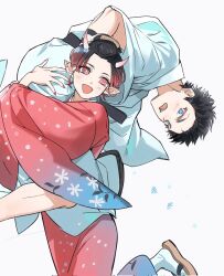  1boy 1girl black_hair blue_eyes blush carrying_over_shoulder colored_tips comb cowboy_shot demon_girl demon_horns fingernails hakuji_(kimetsu_no_yaiba) hashtag-only_commentary hetero highres horns japanese_clothes keta040429 kimetsu_no_yaiba kimono koyuki_(kimetsu_no_yaiba) multicolored_hair open_mouth parted_bangs pink_eyes pink_hair pink_kimono pointy_ears robe sandals sharp_fingernails short_hair smile socks updo white_background white_robe white_socks 