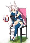  ahoge blue_legwear chair detached_sleeves feet_on_chair grass koba leg_hug leg_up long_hair looking_at_viewer navel open_mouth original purple_eyes shoes sign sitting sneakers solo stop_sign thigh-highs thighhighs very_long_hair violet_eyes white_hair 