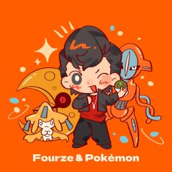  1boy 2786867956wuyu black_hair black_jacket black_pants black_shoes bright_pupils chinese_commentary commentary_request crossover deoxys deoxys_(normal) full_body gentaro_kisaragi hand_on_own_chest hands_up highres holding holding_poke_ball jacket jewelry jirachi kamen_rider kamen_rider_fourze_(series) long_sleeves looking_at_viewer lunatone male_focus necklace notice_lines one_eye_closed open_clothes open_jacket open_mouth orange_background pants poke_ball pokemon pokemon_(creature) shoes smile sparkle standing white_pupils 