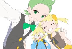  1girl 2boys absurdres adjusting_eyewear bag blonde_hair blue_jumpsuit bonnie_(pokemon) bow bowtie brown_shirt cilan_(pokemon) clemont_(pokemon) closed_eyes closed_mouth commentary_request glasses green_bow green_bowtie green_eyes green_hair grin hand_up highres jumpsuit korean_commentary multiple_boys opaque_glasses pokemon pokemon_bw pokemon_xy pokesudal round_eyewear selfie shirt shoulder_bag simple_background smile teeth vest white_background white_shirt yellow_bag 