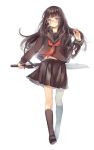  black_hair blush brown_eyes glasses long_hair nicohi original school_uniform skirt solo umbrella 