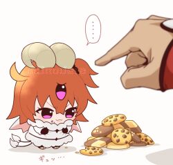  ... 0nodera 1girl :3 archer_(fate) checkerboard_cookie chibi chibi_only chocolate_chip_cookie cookie cosplay dark_young_(fate) dark_young_(fate)_(cosplay) fate/grand_order fate_(series) food food_on_face fujimaru_ritsuka_(female) hair_between_eyes horns orange_hair pink_eyes pointing pointing_at_another short_hair simple_background size_difference solo_focus spoken_ellipsis third_eye white_background 