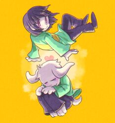  1boy 1other 2017 2d ambiguous_gender animal_ears ankle_boots anthro asriel_dreemurr barefoot black_pants body_fur boots brown_boots brown_hair brown_shorts chara_(undertale) child closed_eyes commentary digital_media droopy_ears english_commentary fangs floppy_ears full_body furry furry_male goat goat_boy goat_ears green_sweater heart horizontal-striped_clothes human ichitei_(ut_1t) knees_up long_sleeves looking_back male mammal monster monster_boy orange_background pants short_hair shorts simple_background single_horizontal_stripe striped_clothes striped_sweater sweater tears two-tone_sweater undertale utdr_(toby_fox) white_background white_fur yellow_flower yellow_stripes 