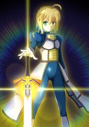  1girl ahoge aiueo8371 armor armored_bodysuit artoria_pendragon_(fate) black_background blonde_hair blue_bodysuit bodysuit boots braid braided_bun bun_with_braided_base commentary crossover dragon_ball dragon_ball_z excalibur_(fate/stay_night) fate/stay_night fate_(series) faulds feet_out_of_frame flat_chest gloves glowing glowing_sword glowing_weapon gorget green_eyes hair_between_eyes hair_bun juliet_sleeves lens_flare long_sleeves puffy_sleeves rainbow reaching saber_(fate) saiyan_armor sidelocks skin_tight solo sword weapon white_armor white_boots white_gloves yellow_light 