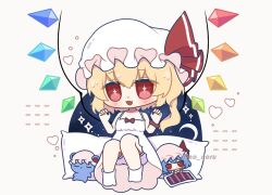  +_+ 2girls alternate_costume blonde_hair bloomers blue_hair blush body_pillow chibi chibi_only claw_pose commentary crystal crystal_wings dress english_commentary fang flandre_scarlet full_body hat heart mini_person minigirl mixed-language_commentary mob_cap multicolored_wings multiple_girls no_noru one_side_up open_mouth pillow pink_hat red_eyes remilia_scarlet siblings sisters skin_fang sleeveless sleeveless_dress smile socks touhou twitter_username under_covers white_bloomers white_dress white_hat white_socks wings 