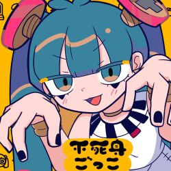  1girl black_nails claw_pose commentary_request ghost_pose hatsune_miku highres jewelry jirihinn long_hair looking_at_viewer object_through_head open_mouth orange_background pinocchio-p playing_immortal_(vocaloid) simple_background sleeveless smile solo twintails v-shaped_eyebrows vocaloid 