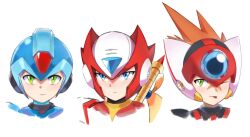  3boys axl_(mega_man) black_helmet blonde_hair blue_eyes blue_helmet brown_hair commentary english_commentary forehead_jewel green_eyes group_picture helmet highres male_focus mega_man_(series) mega_man_x_(series) multiple_boys one_eye_closed red_helmet simple_background upper_body westglaze_18 white_background x_(mega_man) zero_(mega_man) 