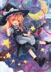  acrylic_paint_(medium) apron bad_id black_dress blonde_hair boots braid broom broom_riding dress fang flying hat hat_ribbon highres kirisame_marisa long_hair moon nanashina open_mouth pointing pointing_up ribbon shirt smile solo star touhou traditional_media waist_apron witch witch_hat yellow_eyes 