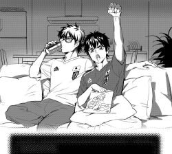  2boys ace_of_diamond arm_up can chips_(food) commentary_request couch drinking food glasses greyscale heise_wanbaolu holding holding_can light_blush male_focus miyuki_kazuya monochrome multiple_boys on_couch open_mouth pants pillow rectangular_eyewear refrigerator sawamura_eijun screentones short_hair sideburns sitting table 