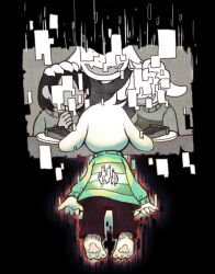  1boy 1girl 1other 2018 2d ambiguous_gender animal_ears anthro asriel_dreemurr back barefoot black_background black_pants body_fur chara_(undertale) child commentary digital_media droopy_ears english_commentary fangs floppy_ears food full_body furry furry_female furry_male glitch goat goat_boy goat_ears goat_girl green_sweater hand_on_another's_head heart horizontal-striped_clothes horns human ichitei_(ut_1t) long_sleeves male mammal memories monster monster_boy open_mouth pants pie plate short_hair shorts simple_background single_horizontal_stripe striped_clothes striped_sweater sweater toriel two-tone_sweater undertale upper_body utdr_(toby_fox) white_fur yellow_stripes 