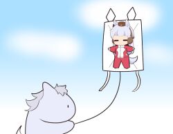  1girl animal animal_ears blue_sky blush brown_hat closed_eyes clouds day ear_covers gold_ship_(racehorse) gold_ship_(umamusume) gomashio_(goma_feet) grey_hair hat horse horse_ears horse_girl horse_tail jacket kite long_hair long_sleeves mini_hat outdoors pants red_jacket red_pants sky sleeves_past_wrists tail track_jacket track_pants track_suit umamusume very_long_hair 