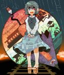  bad_id blue_eyes blue_hair blush breasts geta heterochromia highres karakasa_obake open_mouth railroad_tracks rain red_eyes ringetsumon road short_hair silhouette skirt solo tatara_kogasa tears tongue touhou train umbrella 