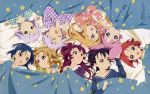  6+girls 9girls akaza_akari blanket blue_eyes blue_hair brown_eyes cheek_poke drooling everyone eyes_closed frown funami_yui furutani_himawari glasses glasses_in_hand glasses_removed green_eyes hair_bobbles ikeda_chitose ikeda_chizuru lavender_hair long_hair long_sleeves lying nakajima_chiaki namori oomuro_sakurako open_mouth pajamas pink_hair poking ponytail red_hair short_hair siblings sisters sugiura_ayano toshinou_kyouko translation_request tsundere twins twintails under_covers violet_eyes violet_hair wallpaper wavy_hair yoshikawa_chinatsu yuru_yuri 