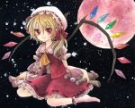  blonde_hair bow corset fang flandre_scarlet hat moon no_shoes red_eyes red_moon side_ponytail sitting smile socks solo stuffed_animal stuffed_toy teddy_bear touhou tulipano_nero wariza wings 