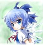  blue_dress blue_eyes blue_hair bow bust cirno dress hair_bow highres kem_kem shirt short_hair smile solo touhou wings 