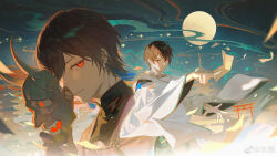  2boys absurdres architecture ayn_alwyn ayn_alwyn_(oneiric_heian-kyo) between_fingers bird black_hair black_shirt chinese_commentary clouds commentary_request cowboy_shot dual_persona earrings east_asian_architecture egasumi flower_knot flying_paper full_moon glowing glowing_eye green_sky hair_between_eyes hand_up highres holding holding_mask japanese_clothes jewelry kariginu long_sleeves looking_at_viewer lovebrush_chronicles male_focus mask moon multiple_boys noland official_alternate_costume oni_mask outstretched_arm paper pine_tree portrait red_eyes robe serious shirt short_hair sideways_glance sky slit_pupils smile standing swallow_(bird) talisman tassel tassel_earrings torii tower tree turtleneck turtleneck_shirt unworn_mask v-shaped_eyebrows watermark weibo_watermark white_robe wide_sleeves 