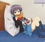  bed book cat grey_hair highres nagato_yuki pillow school_uniform serafuku shamisen_(suzumiya_haruhi) short_hair socks suzumiya_haruhi_no_yuuutsu 