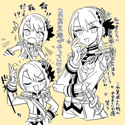  !? 1girl ^^^ arm_up blush coat commentary_request cropped_torso epaulettes greyscale_with_colored_background hand_on_own_elbow hand_on_own_hip hand_up hasumi_leia looking_at_viewer mahou_shoujo_no_majo_saiban multiple_views ouji_fashion short_hair simple_background smile smug sparkle suno_(imydream) surprised translation_request v-shaped_eyebrows yellow_background 