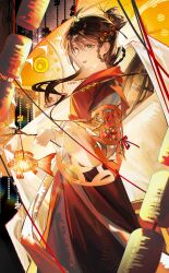  1girl :d absurdres animal_lantern black_hair chinese_clothes chinese_commentary commentary_request from_side green_eyes hair_branch hair_bun hanfu highres holding holding_lantern lantern long_hair long_sleeves looking_at_viewer open_mouth paper_heron paper_lantern profile puffy_long_sleeves puffy_sleeves red_hanfu reverse:1999 shuxiuxiao smile solo upper_body 