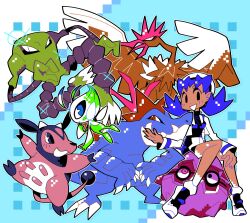  absurdres alternate_color backwards_hat bike_shorts black_shirt blue_hair bourbunbun celebi commentary english_commentary fearow feraligatr forretress hat highres hitmonlee jacket kris_(pokemon) limited_palette miltank pixels pokegear pokemon pokemon_(creature) pokemon_gsc shiny_pokemon shirt shorts twintails white_hat white_jacket white_shorts 