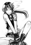  black_lagoon boots cigarette cross-laced_footwear fingerless_gloves gloves grin indian_style mito_(calcomer) monochrome ponytail revy short_shorts shorts sitting smile smoking solo tattoo 