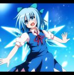  blue_dress blue_eyes blue_hair bow cirno do_(4-rt) dress dress_shirt hair_bow letterboxed open_mouth outstretched_arms shirt short_hair solo touhou wings 