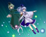  beam boots danmaku dress flying ghost ghost_tail gradient gradient_background green_dress green_eyes green_hair grey_eyes hat japanese_clothes knees light lips long_sleeves looking_at_viewer mononobe_no_futo multiple_girls nonpe open_hand outstretched_arms parted_lips pom_pom_(clothes) ponytail ribbon short_hair silver_hair soga_no_tojiko takemoko tate_eboshi touhou wide_sleeves 