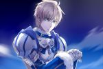  armor bad_id blonde_hair blue blue_background blue_eyes fate/prototype fate_(series) hands_on_hilt male saber_(fate/prototype) short_hair solo sword tekla weapon 