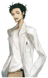  1boy adam's_apple beard_stubble belt black_belt black_hair breast_pocket brown_pants coat collarbone facial_hair game_cg grey_eyes highres huke lab_coat lapels leather_belt long_sleeves looking_at_viewer male_focus messy_hair non-web_source notched_lapels object_in_pocket official_art okabe_rintarou pants pen_in_pocket pocket ringed_eyes science_adventure shirt shirt_partially_tucked_in smile smug solo sprite steins;gate steins;gate:_linear_bounded_phenogram stubble t-shirt teasing teeth tongue upper_teeth_only white_coat white_shirt 