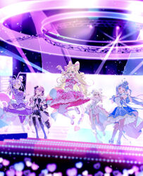  5girls aokaze_nana arena arm_up asymmetrical_legwear bare_arms bare_legs bare_shoulders black_dress black_hair black_socks black_thighhighs blonde_hair blue_dress blue_eyes blue_hair blunt_bangs blurry bokeh boots bow brooch bubble_skirt closed_mouth commentary cure_connect cure_idol cure_kiss cure_kyunkyun cure_wink cure_zukyuun curled_horns dancing depth_of_field detached_collar detached_sleeves double_bun dress dress_bow drill_hair earrings elbow_gloves fingerless_gloves frilled_cuffs frilled_dress frills gingham_clothes gingham_dress gloves gradient_hair green_hair grin hair_between_eyes hair_bun hair_ornament hair_ribbon hair_tie hair_wings half-dress half_up_bun headband headset heart heart-shaped_pupils heart_brooch heart_hair_bun heart_hair_ornament hibiki_kaito highres horns idol jewelry jumping kimi_to_idol_precure kneehighs leaning_forward light_particles long_hair magical_girl medium_skirt meroron_(precure) midriff midriff_peek miniskirt multicolored_dress multicolored_hair multiple_girls music navel neon_lights one_eye_closed open_mouth parted_bangs picarine_(precure) pink_dress pink_eyes pink_hair pink_shirt pink_skirt precure puffy_detached_sleeves puffy_sleeves purirun_(precure) purple_bow purple_dress purple_hair purple_thighhighs reaching reaching_towards_another reaching_towards_viewer ribbon rui_memo sakura_uta_(precure) screen shigure_kokoro shirt side_ponytail singing skirt sleeveless sleeveless_shirt smile socks stage stage_lights stairs standing standing_on_one_leg strapless strapless_dress streaked_hair symbol-shaped_pupils tanaka_meron tanaka_purin thigh-highs twintails two-tone_hair very_long_hair violet_eyes white_boots white_bow white_dress white_thighhighs wing_hair_ornament wrist_cuffs wristband yellow_eyes 