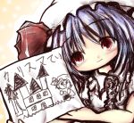  blue_hair bow child_drawing drawing hat hat_bow holding house kouba light_smile portrait red_eyes remilia_scarlet scarlet_devil_mansion smile solo touhou translated translation_request wide_face 