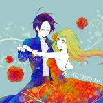  austria_(hetalia) axis_powers_hetalia colorful couple dancing dated dress flower formal glasses gloves green_eyes green_hair hair_flower hair_ornament high_contrast hungary_(hetalia) john_(gallon) red_dress red_rose rose strapless strapless_dress 