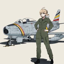  1girl ahoge aircraft airplane alternate_costume artist_name artoria_pendragon_(fate) blonde_hair braid braided_bun brown_background bun_with_braided_base commentary commission english_commentary external_fuel_tank f-86_sabre fate_(series) fighter_jet flight_suit full_body green_eyes green_jumpsuit hair_bun hands_on_own_hips highres jeffraeson jumpsuit long_sleeves military_vehicle name_connection open_cockpit saber_(fate) short_hair simple_background smile solo 
