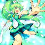  bike_shorts bowtie brooch choker cosplay cure_march cure_march_(cosplay) dress green green_background green_dress green_eyes green_hair hrgm jewelry kochiya_sanae long_hair look-alike outstretched_hand ponytail precure shoes shorts_under_skirt skirt smile_precure! solo touhou wrist_cuffs 