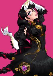  1girl amulet bayonetta bayonetta_(series) bayonetta_3 black_hair blue_eyes braid commentary earrings english_commentary highres jewelry lipstick long_hair looking_at_viewer low_twin_braids low_twintails makeup sherbovania solo twin_braids twintails 