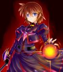  1girl adapted_costume blue_eyes brown_hair dress energy_ball fingerless_gloves gao_(naodayo) gloves highres holding looking_at_viewer luciferion lyrical_nanoha mahou_shoujo_lyrical_nanoha_innocent material-s purple_dress short_hair solo 