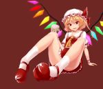  arm_support ascot bare_legs blonde_hair collarbone colored face fangs flandre_scarlet foreshortening hat legs mary_janes panties pantyshot pantyshot_(sitting) pantyshot_sitting pointy_ears red_background red_eyes revision shoes short_hair side_ponytail simple_background sitting skirt skull smirk socks solo touhou tsurime underwear upskirt vest white_legwear white_panties wings wrist_cuffs yonggi 